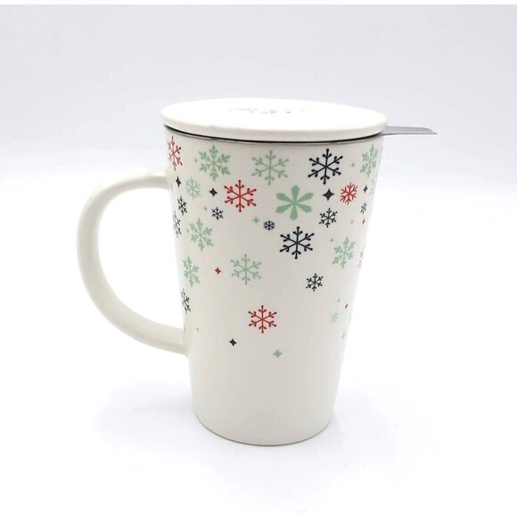 Davids Tea Perfect Mug Snowflakes with Tea Infuser Ceramic Lid Green Inner 12 oz - Picture 1 of 10